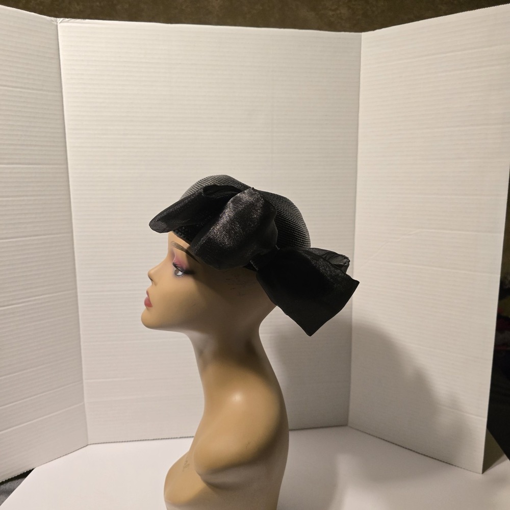 Vintage Deborah New York Black Woven Pillbox Hat Beaded Trim Large Bow Accent